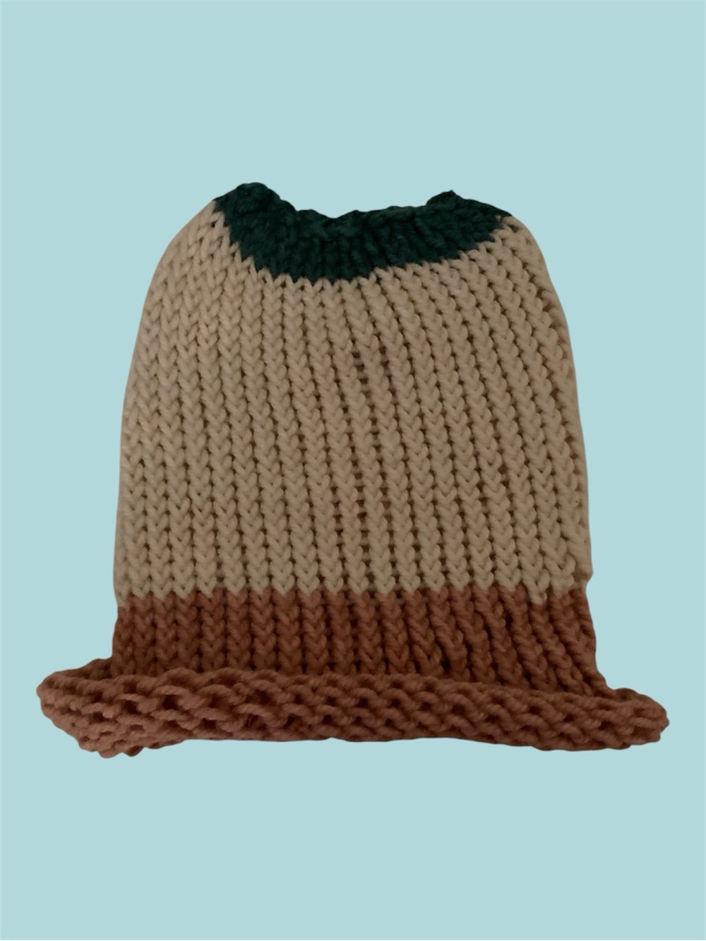 NWOT Handmade Chunky Knit Colorblock Beanie Hat Cream Mauve Teal Green